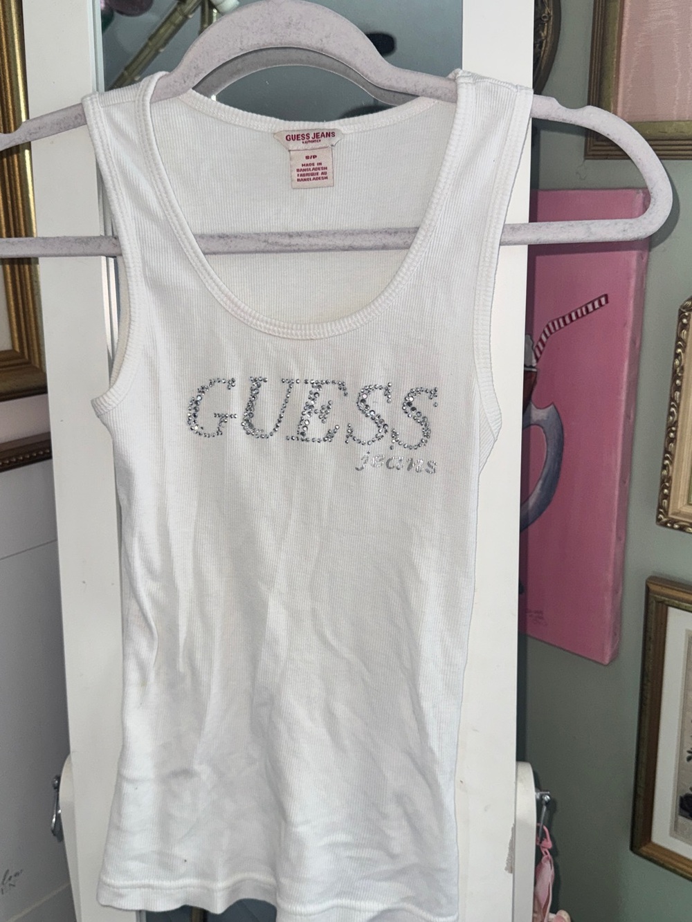 Guess Vintage White Crystal Logo Ribbed Tank Top